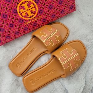 NIB Tory Burch Aged Camello & Gold Double-T Sport Leather Slide (7M)